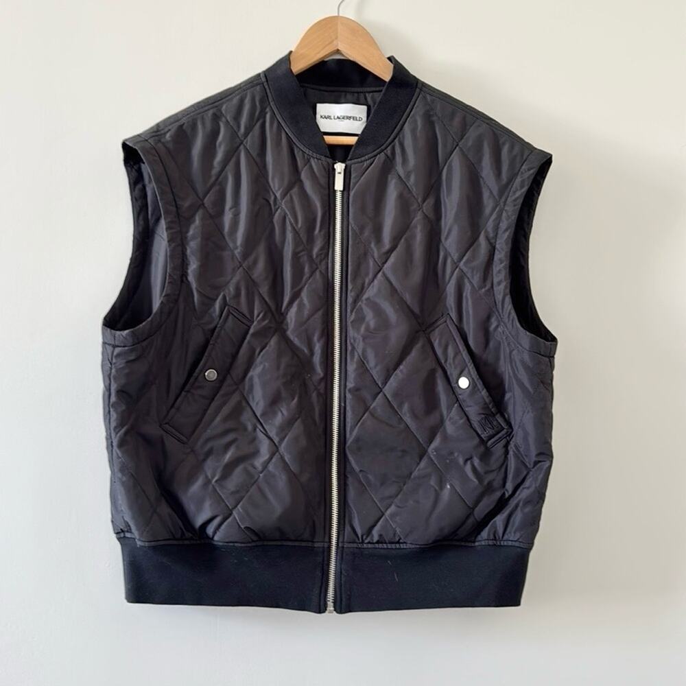 Karl Lagerfeld Quilted Bomber Vest Black Zip Front Minimalist Size M